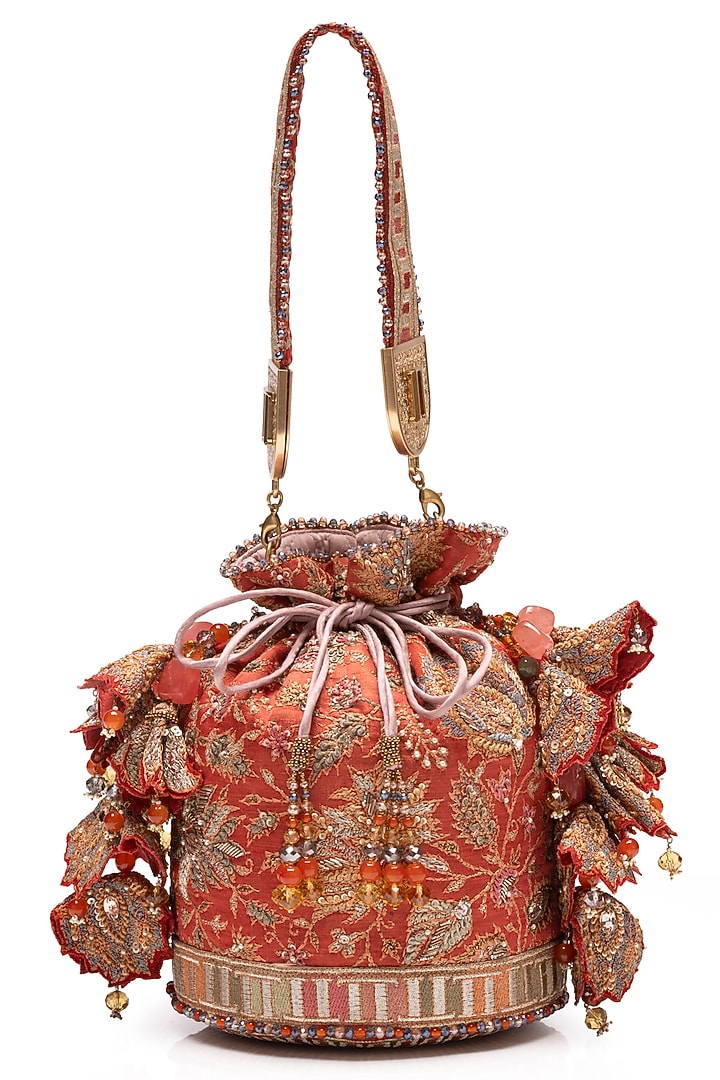 Rust Orange Satin Bead & Zardosi Embellished Potli Bag by Tarun Tahiliani Accessories at Pernia's Pop Up Shop