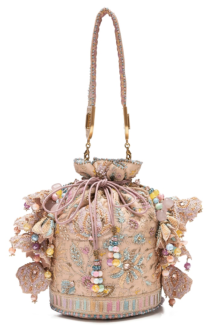 Pastel Pink Satin Bead & Zardosi Embellished Potli Bag by Tarun Tahiliani Accessories at Pernia's Pop Up Shop