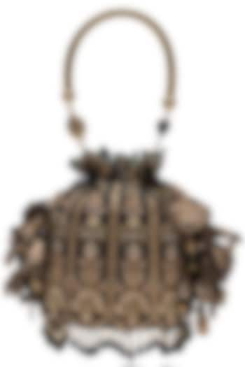 Black & Gold Chanderi Floral Embellished Potli Bag by Tarun Tahiliani Accessories at Pernia's Pop Up Shop