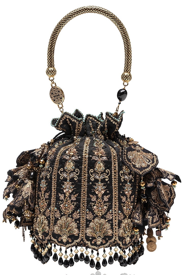 Black & Gold Chanderi Floral Embellished Potli Bag by Tarun Tahiliani Accessories at Pernia's Pop Up Shop