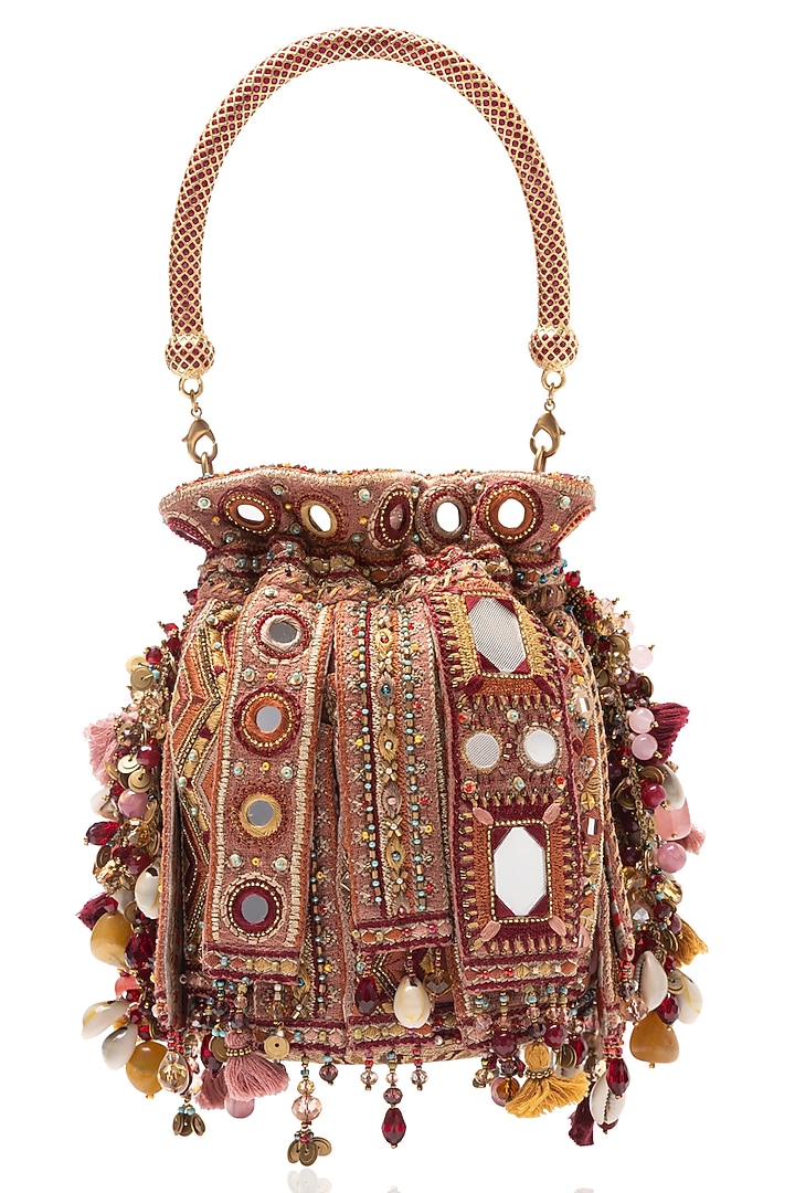 Red Cotton Moss Mirror Embellished Potli Bag by Tarun Tahiliani Accessories at Pernia's Pop Up Shop
