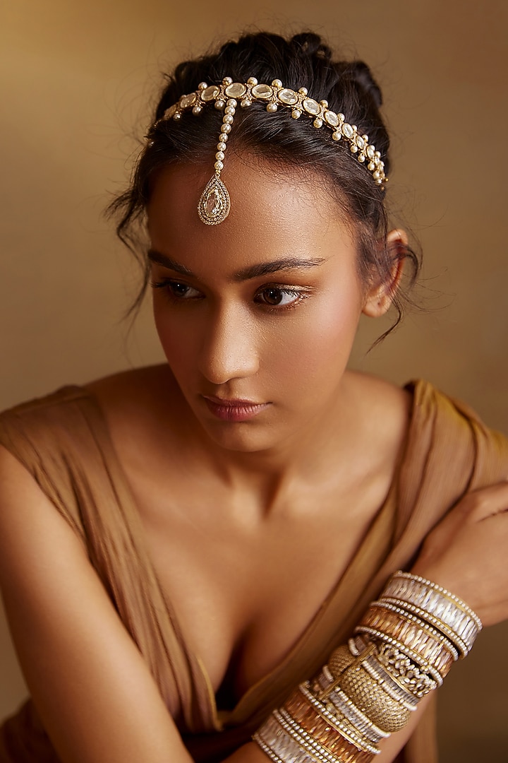 Gold Plated Cubic Zircon & Swarovski Pearl Matha Patti In Sterling Silver by Tarun Tahiliani Accessories at Pernia's Pop Up Shop