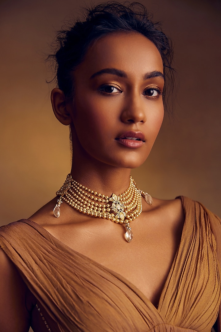 Gold Plated Cubic Zircon & Swarovski Pearl Choker Necklace In Sterling Silver by Tarun Tahiliani Accessories