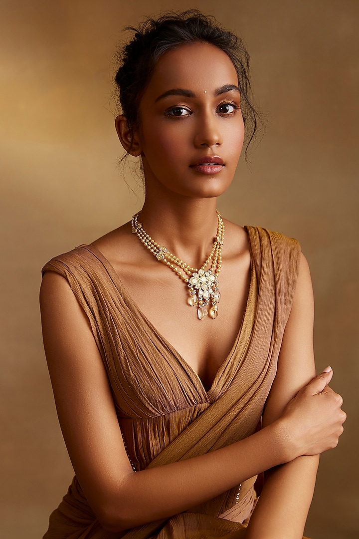 Gold Plated Cubic Zircon & Swarovski Pearl Necklace In Sterling Silver by Tarun Tahiliani Accessories