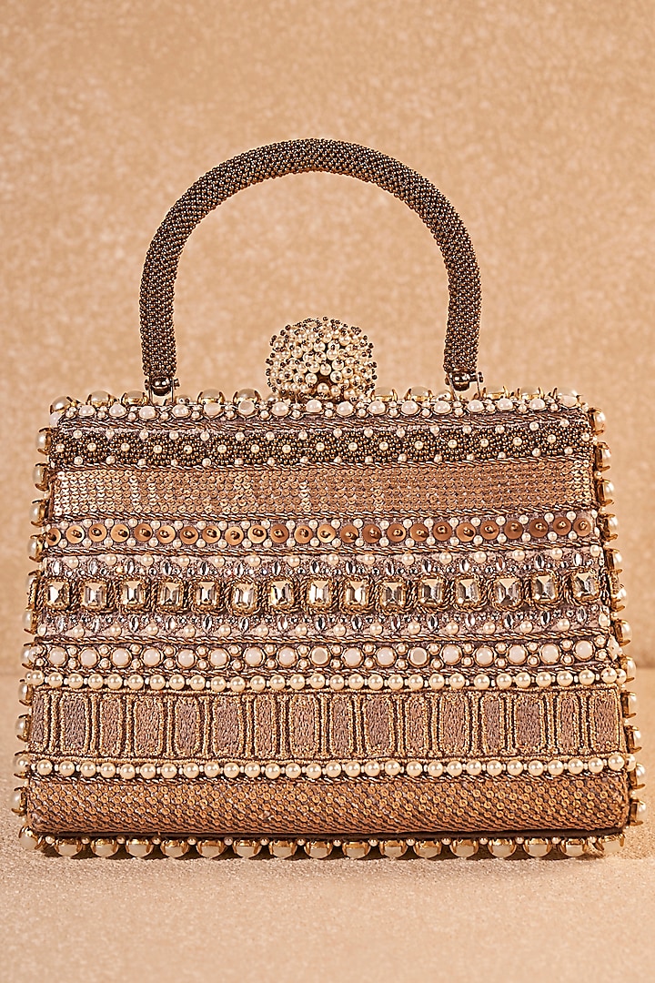 Taupe Viscose Satin & Cotton Mulmul Thread Embroidered Handbag by Tarun Tahiliani Accessories at Pernia's Pop Up Shop