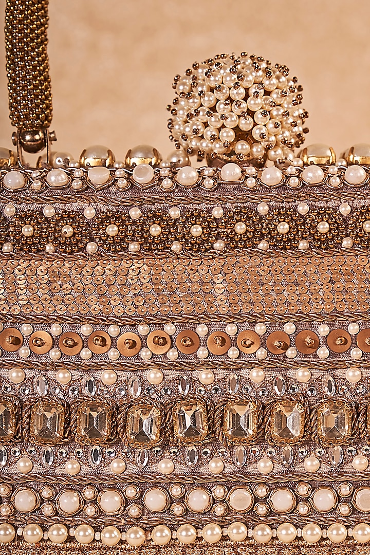 Taupe Viscose Satin & Cotton Mulmul Thread Embroidered Handbag by Tarun Tahiliani Accessories at Pernia's Pop Up Shop