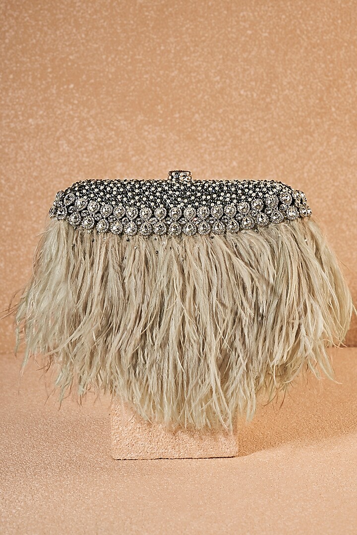 Sage Green Viscose Satin & Feather Diamond Embellished Handbag by Tarun Tahiliani Accessories at Pernia's Pop Up Shop