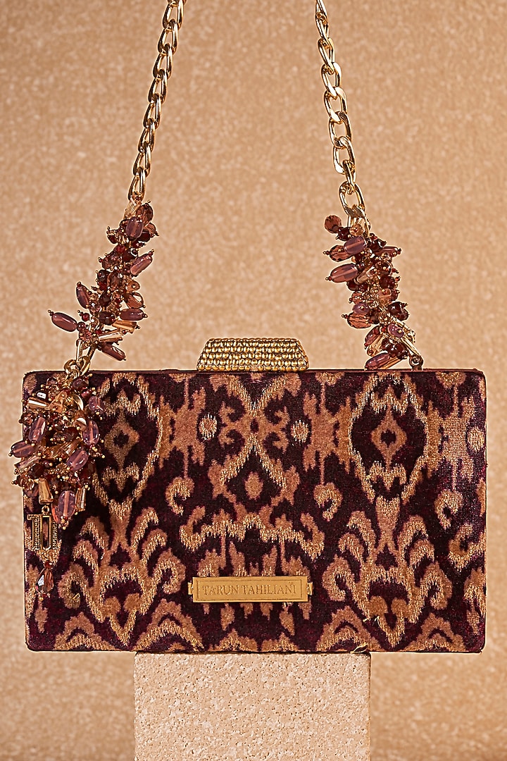 Wine Velvet Ikat Printed & Embroidered Handbag by Tarun Tahiliani Accessories at Pernia's Pop Up Shop