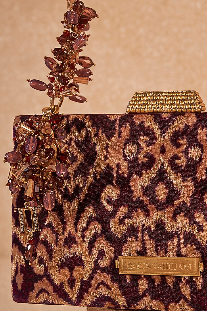 Wine Velvet Ikat Printed & Embroidered Handbag by Tarun Tahiliani Accessories at Pernia's Pop Up Shop