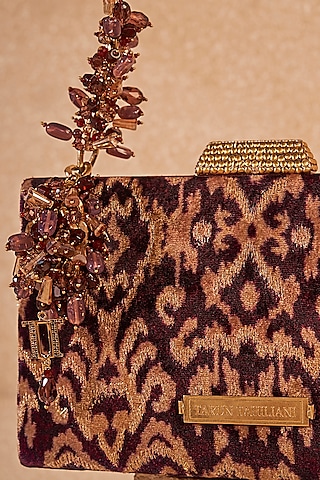 Wine Velvet Ikat Printed & Embroidered Handbag by Tarun Tahiliani Accessories