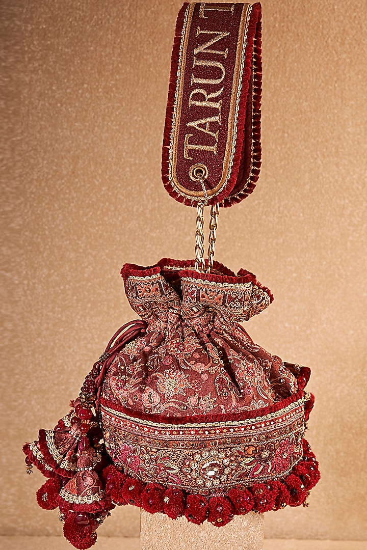 Maroon Viscose Satin & Cotton Mulmul Hand Embroidered Potli Bag by Tarun Tahiliani Accessories at Pernia's Pop Up Shop