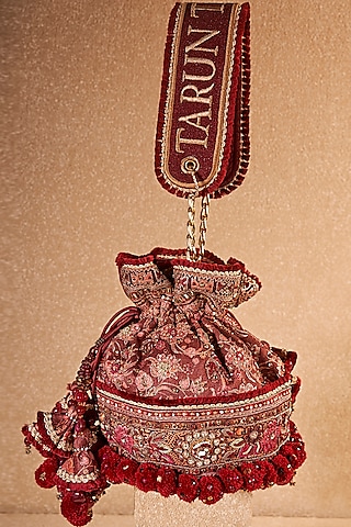 Maroon Viscose Satin & Cotton Mulmul Hand Embroidered Potli Bag by Tarun Tahiliani Accessories