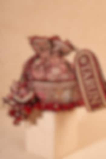 Maroon Viscose Satin & Cotton Mulmul Hand Embroidered Potli Bag by Tarun Tahiliani Accessories at Pernia's Pop Up Shop