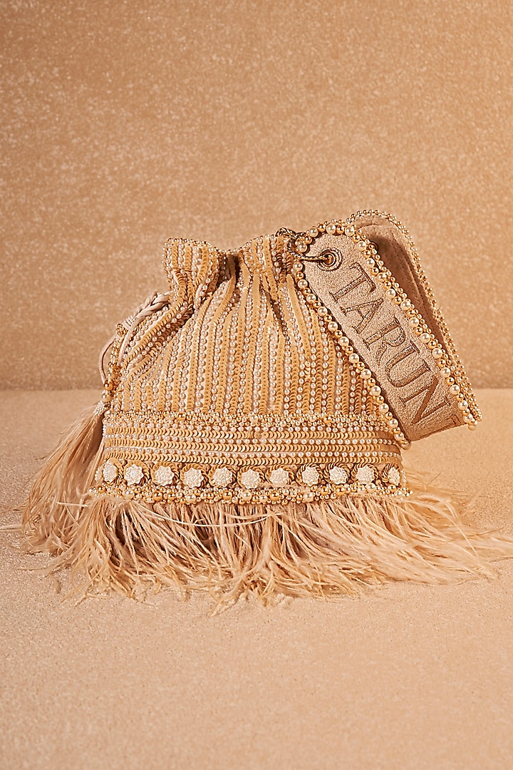 Ivory Beige Viscose Satin & Cotton Mulmul Hand Embroidered Potli Bag by Tarun Tahiliani Accessories at Pernia's Pop Up Shop