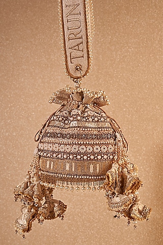 Ivory Gold Poly Dupion & Viscose Satin Hand Embroidered Potli Bag by Tarun Tahiliani Accessories