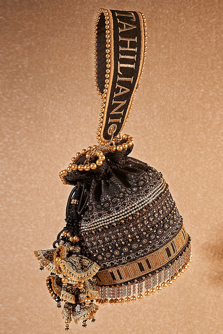 Black & Gold Poly Dupion & Viscose Satin Hand Embroidered Potli Bag by Tarun Tahiliani Accessories at Pernia's Pop Up Shop
