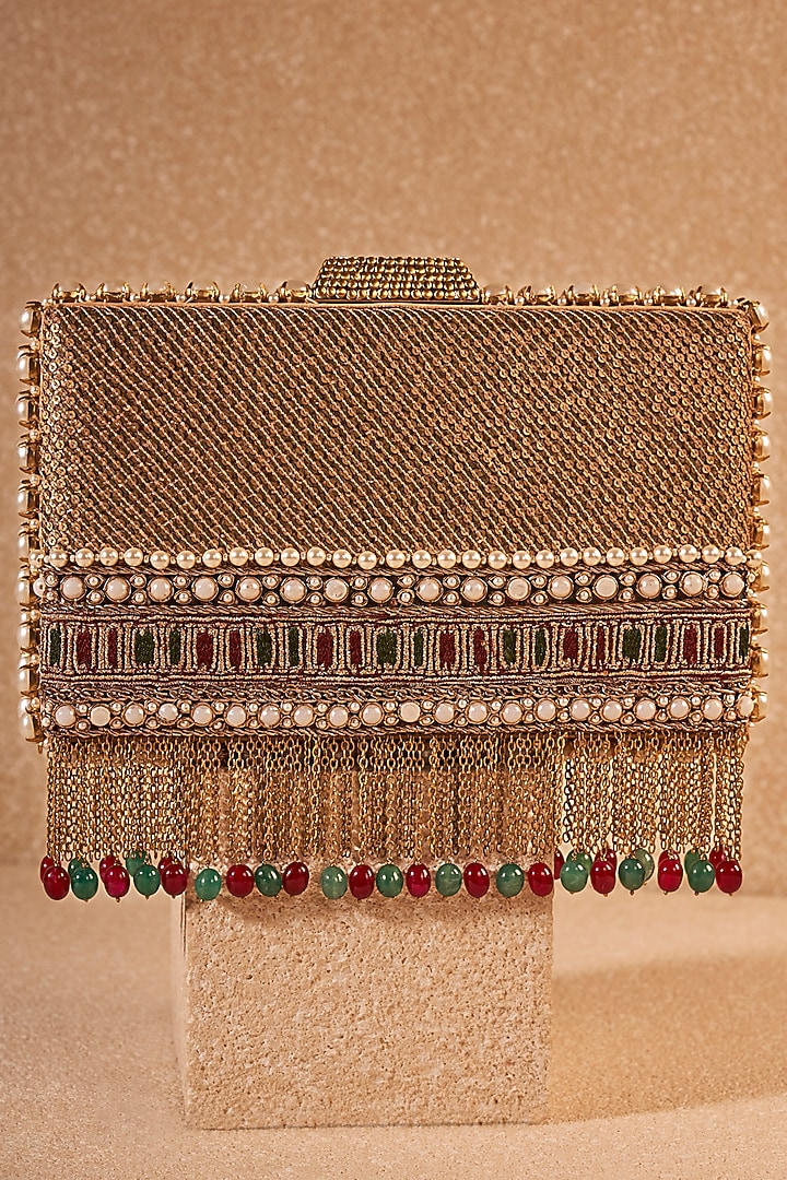 Gold Viscose Satin & Cotton Mulmul Sequins Hand Embroidered Handbag by Tarun Tahiliani Accessories at Pernia's Pop Up Shop