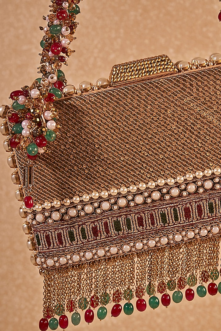 Gold Viscose Satin & Cotton Mulmul Sequins Hand Embroidered Handbag by Tarun Tahiliani Accessories at Pernia's Pop Up Shop