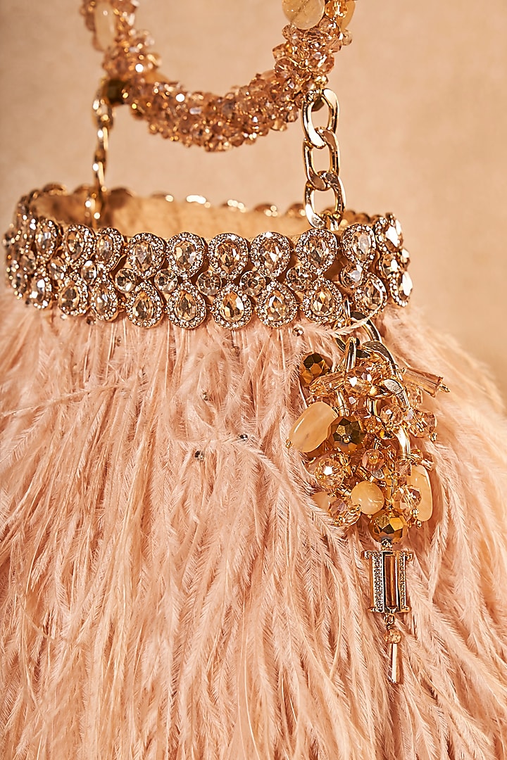 Beige & Gold Viscose Satin Handcrafted Bag by Tarun Tahiliani Accessories