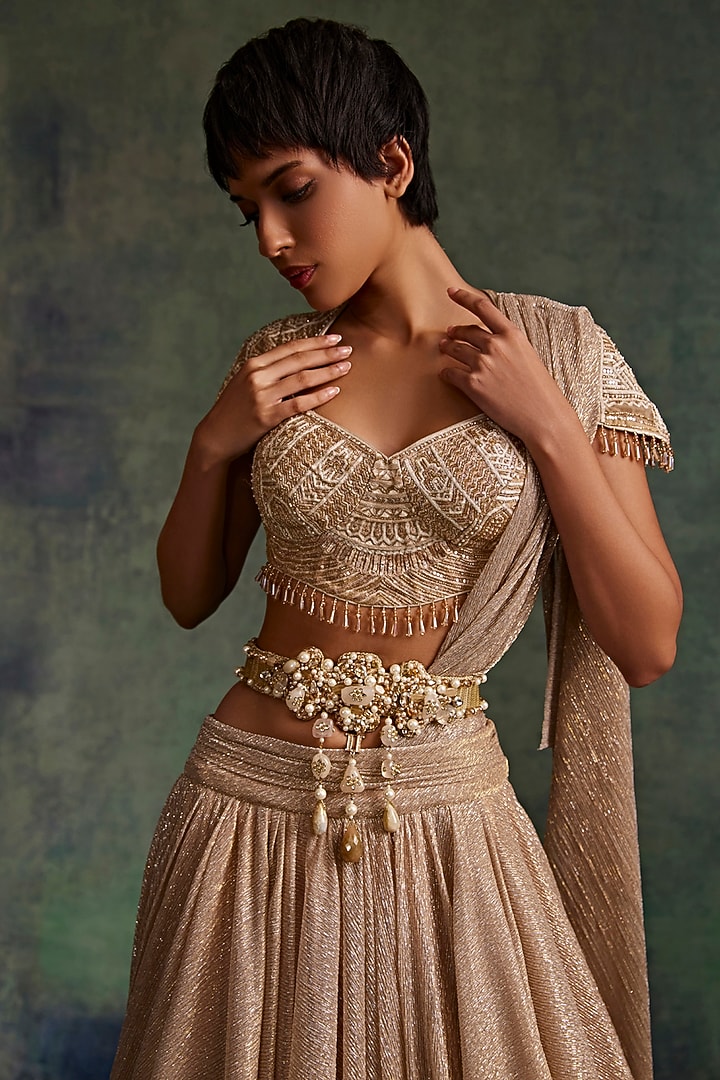 Ivory & Gold Mesh Pearl Embroidered Belt by Tarun Tahiliani Accessories at Pernia's Pop Up Shop