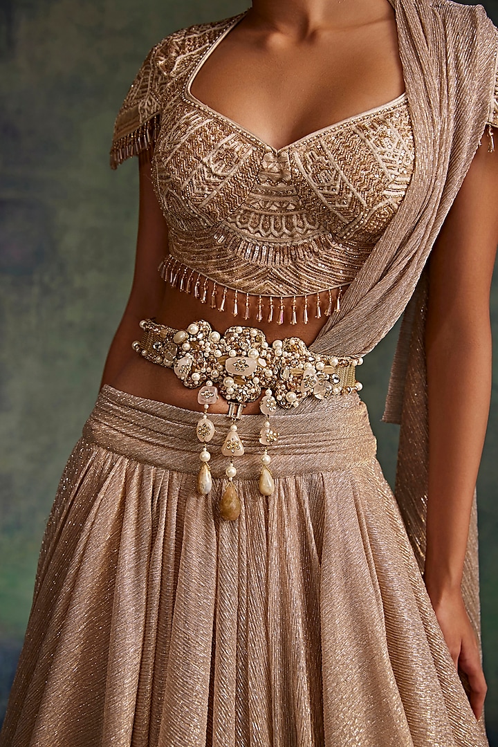 Ivory & Gold Mesh Pearl Embroidered Belt by Tarun Tahiliani Accessories