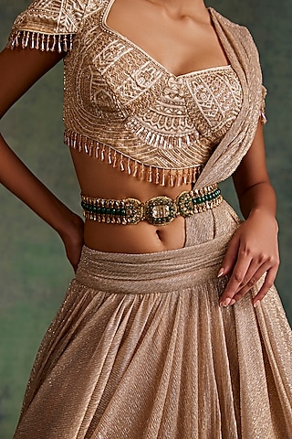 Gold & Green Silk Embellished Belt by Tarun Tahiliani Accessories