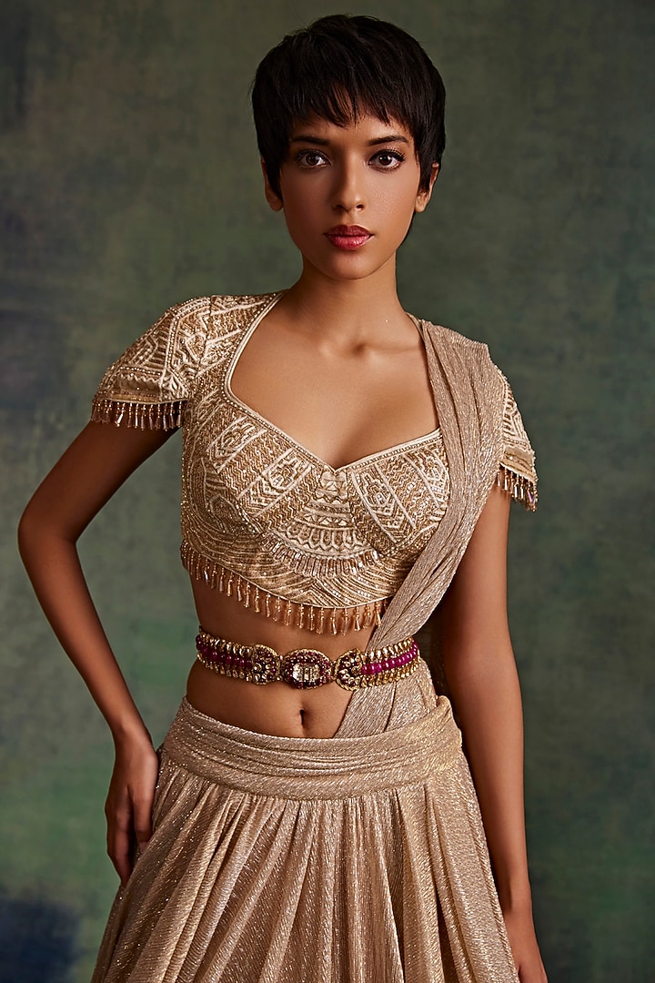 Wine & Gold Silk Embellished Belt by Tarun Tahiliani Accessories at Pernia's Pop Up Shop