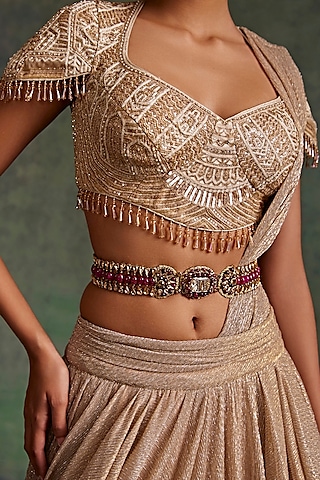 Wine & Gold Silk Embellished Belt by Tarun Tahiliani Accessories