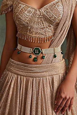 Ivory & Green Mesh Embellished Belt by Tarun Tahiliani Accessories