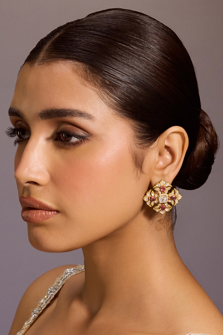 Gold Plated Zircon & American Diamond Stud Earrings In Sterling Silver by Tarun Tahiliani Accessories at Pernia's Pop Up Shop