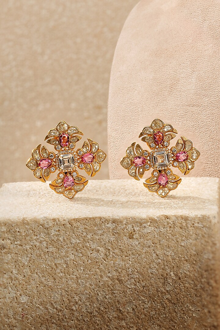 Gold Plated Zircon & American Diamond Stud Earrings In Sterling Silver by Tarun Tahiliani Jewellery at Pernia's Pop Up Shop