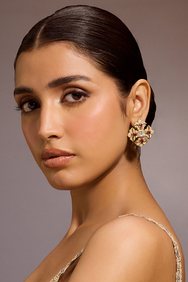 Gold Plated Zircon & American Diamond Stud Earrings In Sterling Silver by Tarun Tahiliani Jewellery at Pernia's Pop Up Shop