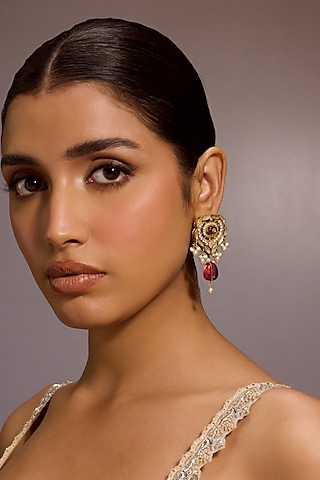 Gold Finish Zircon & Swarovski Pearl Droplet Earrings In Sterling Silver by Tarun Tahiliani Jewellery