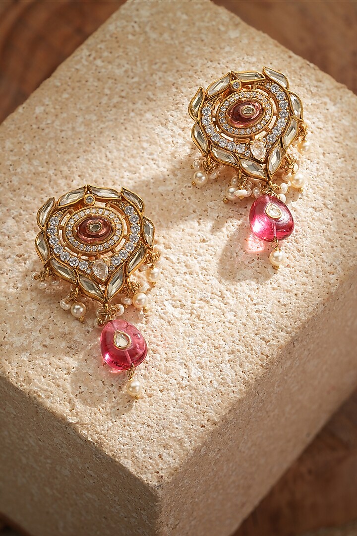 Gold Finish Zircon & Swarovski Pearl Droplet Earrings In Sterling Silver by Tarun Tahiliani Jewellery at Pernia's Pop Up Shop