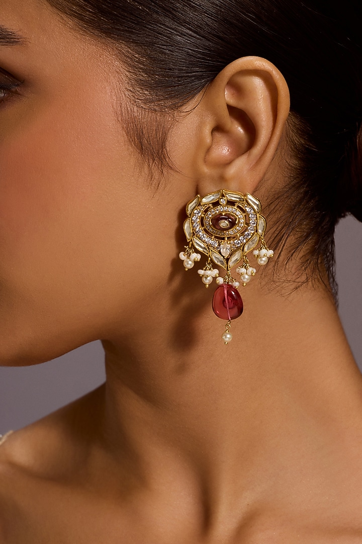 Gold Finish Zircon & Swarovski Pearl Droplet Earrings In Sterling Silver by Tarun Tahiliani Jewellery at Pernia's Pop Up Shop