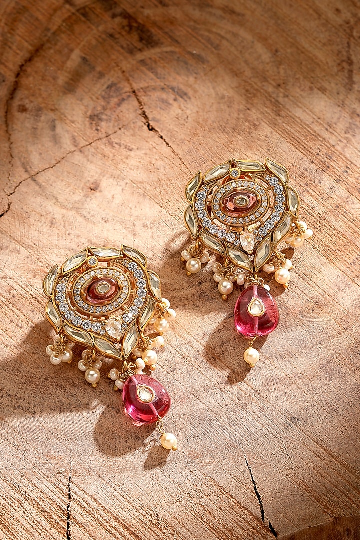 Gold Finish Zircon & Swarovski Pearl Droplet Earrings In Sterling Silver by Tarun Tahiliani Jewellery at Pernia's Pop Up Shop