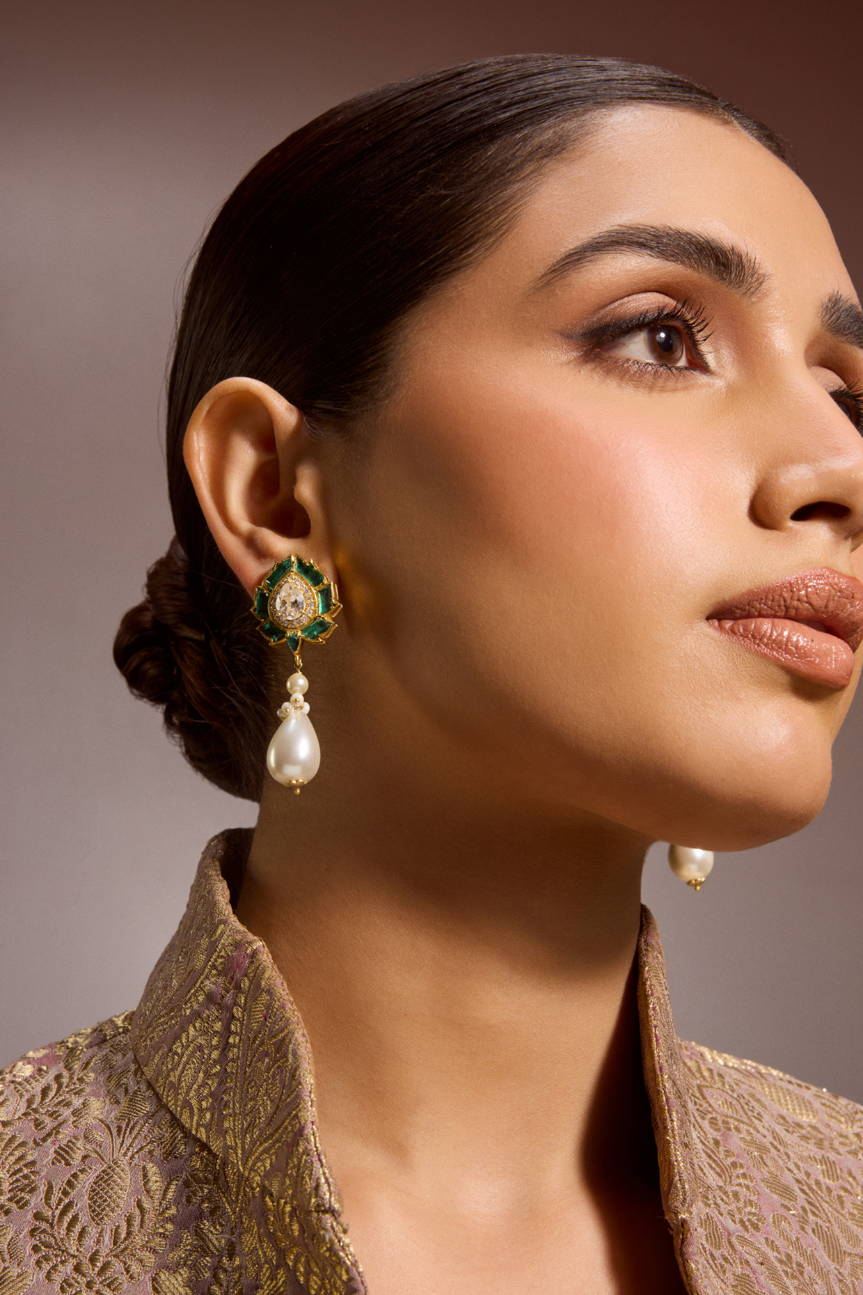 Gold Finish Emerald & Swarovski Pearl Droplet Earrings In Sterling Silver by Tarun Tahiliani Accessories at Pernia's Pop Up Shop