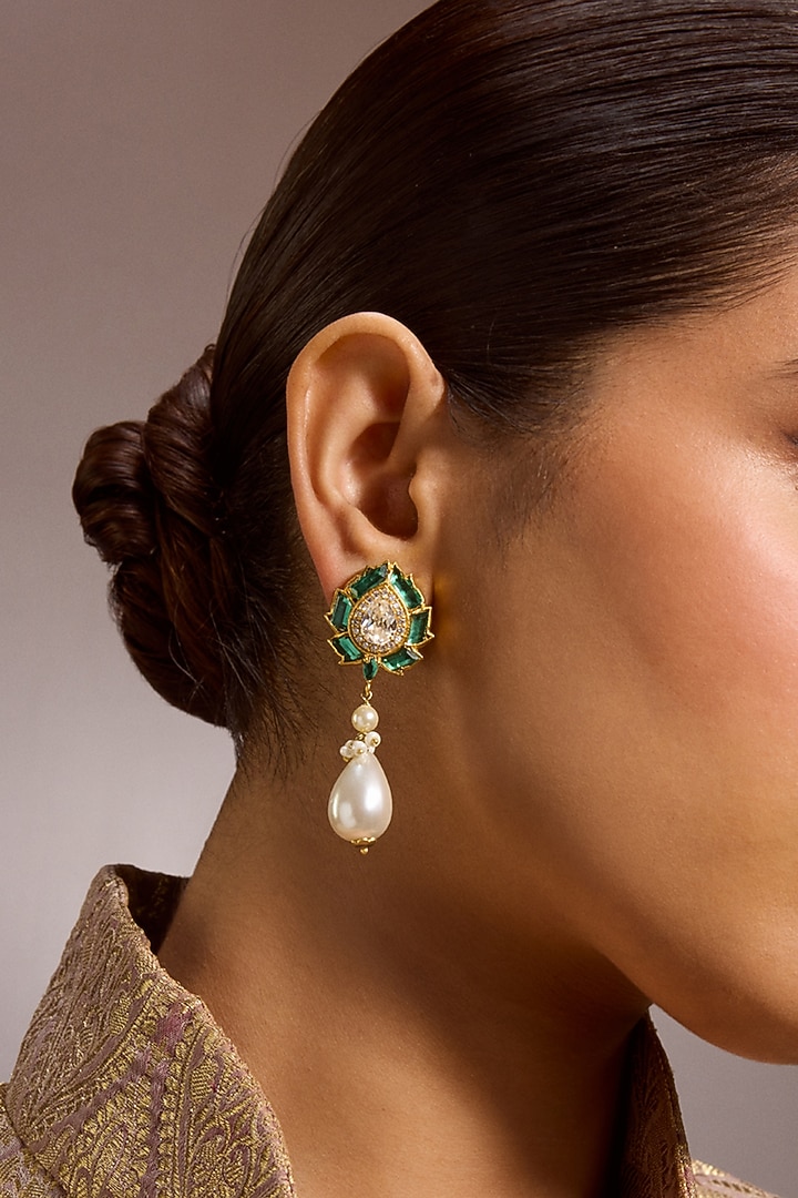 Gold Finish Emerald & Swarovski Pearl Droplet Earrings In Sterling Silver by Tarun Tahiliani Jewellery at Pernia's Pop Up Shop
