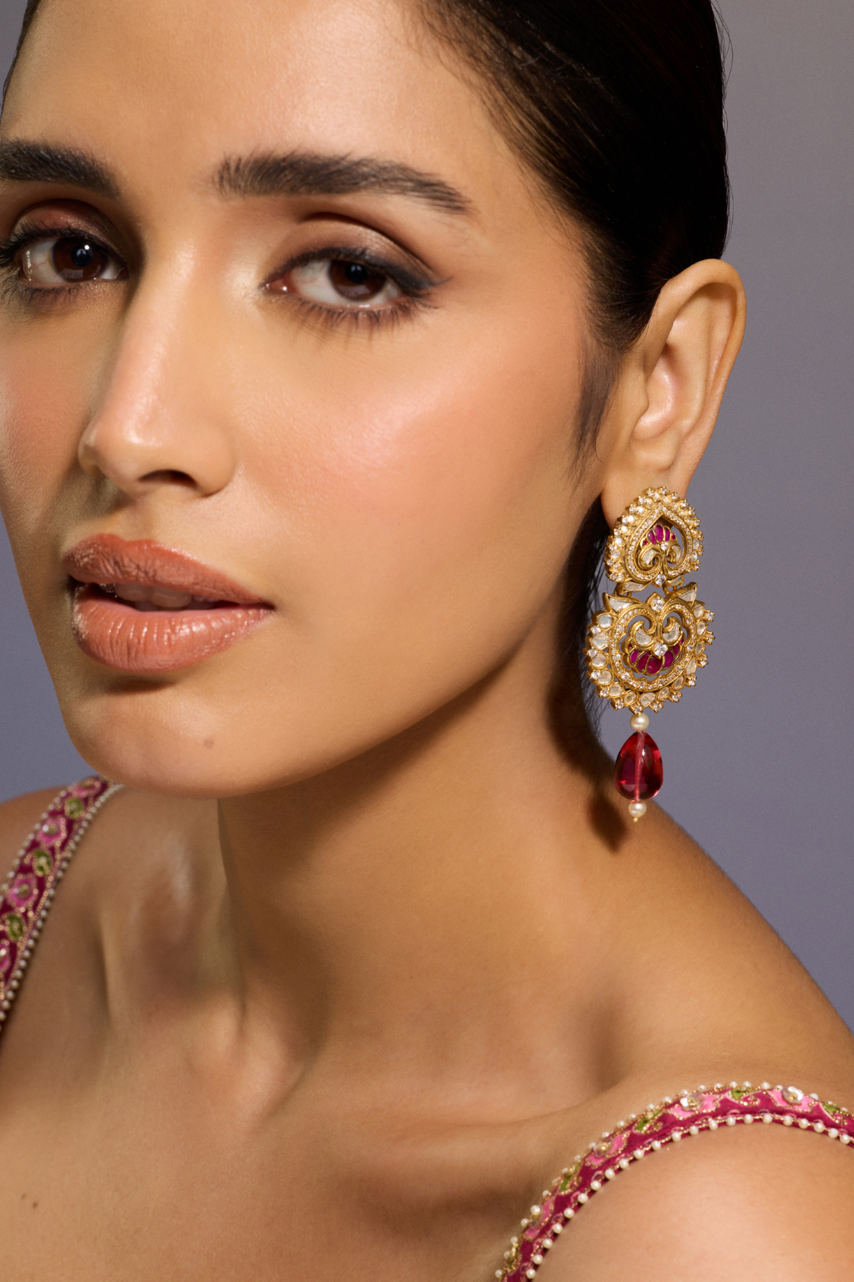Gold Finish Ruby & Zircon Dangler Earrings In Sterling Silver by Tarun Tahiliani Accessories at Pernia's Pop Up Shop