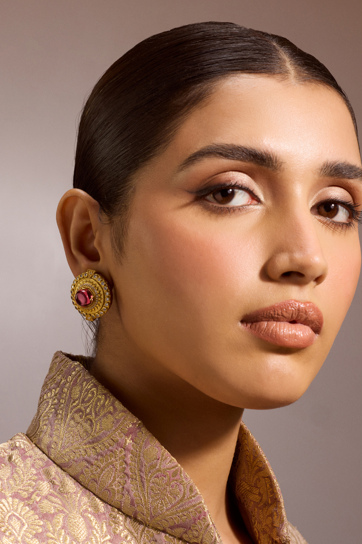 Gold Plated Zircon & Cabochon Stud Earrings In Sterling Silver by Tarun Tahiliani Accessories at Pernia's Pop Up Shop