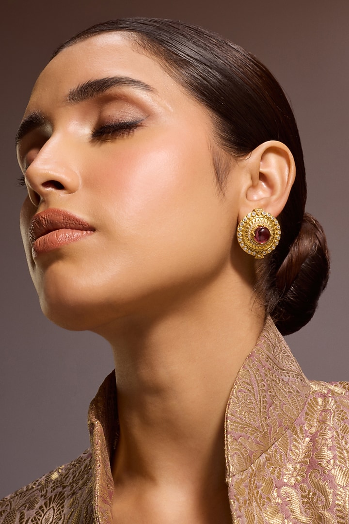 Gold Plated Zircon & Cabochon Stud Earrings In Sterling Silver by Tarun Tahiliani Jewellery at Pernia's Pop Up Shop