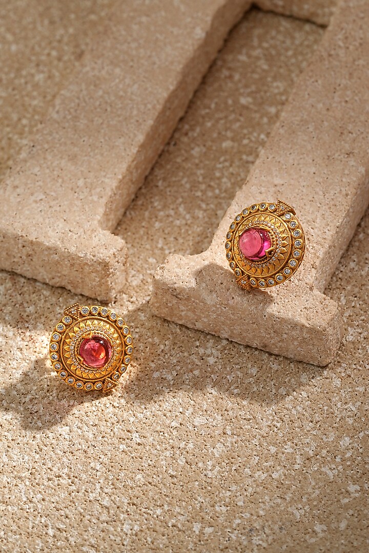 Gold Plated Zircon & Cabochon Stud Earrings In Sterling Silver by Tarun Tahiliani Jewellery at Pernia's Pop Up Shop