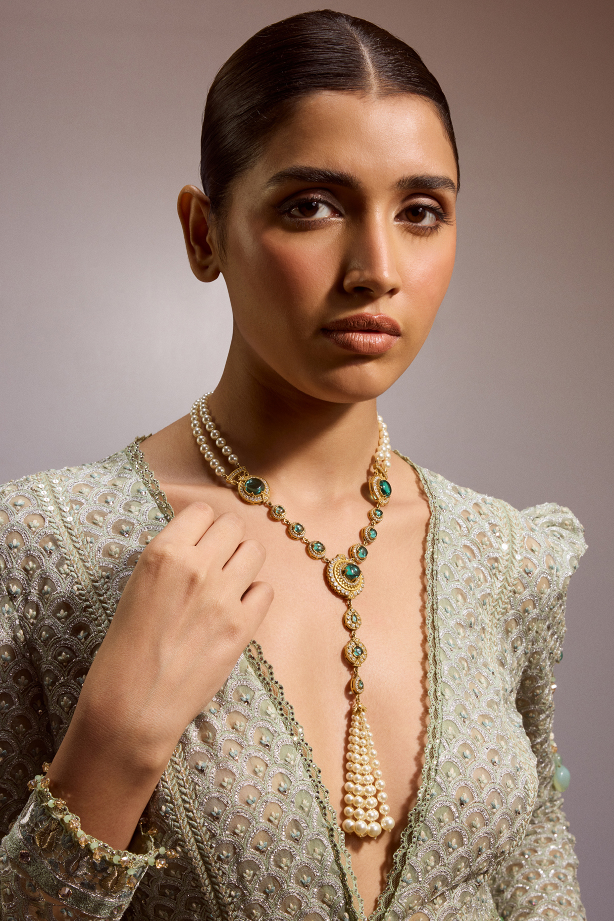 Gold Plated Emerald & Zircon Long Necklace In Sterling Silver by Tarun Tahiliani Accessories at Pernia's Pop Up Shop