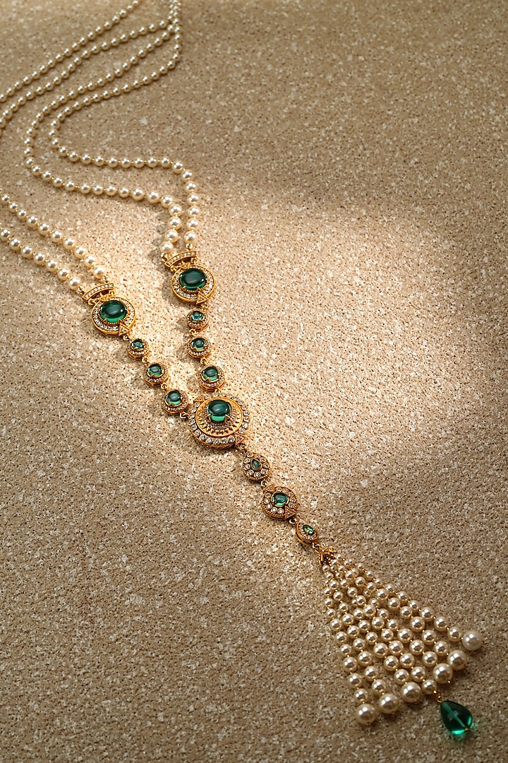 Gold Plated Emerald & Zircon Long Necklace In Sterling Silver by Tarun Tahiliani Jewellery at Pernia's Pop Up Shop