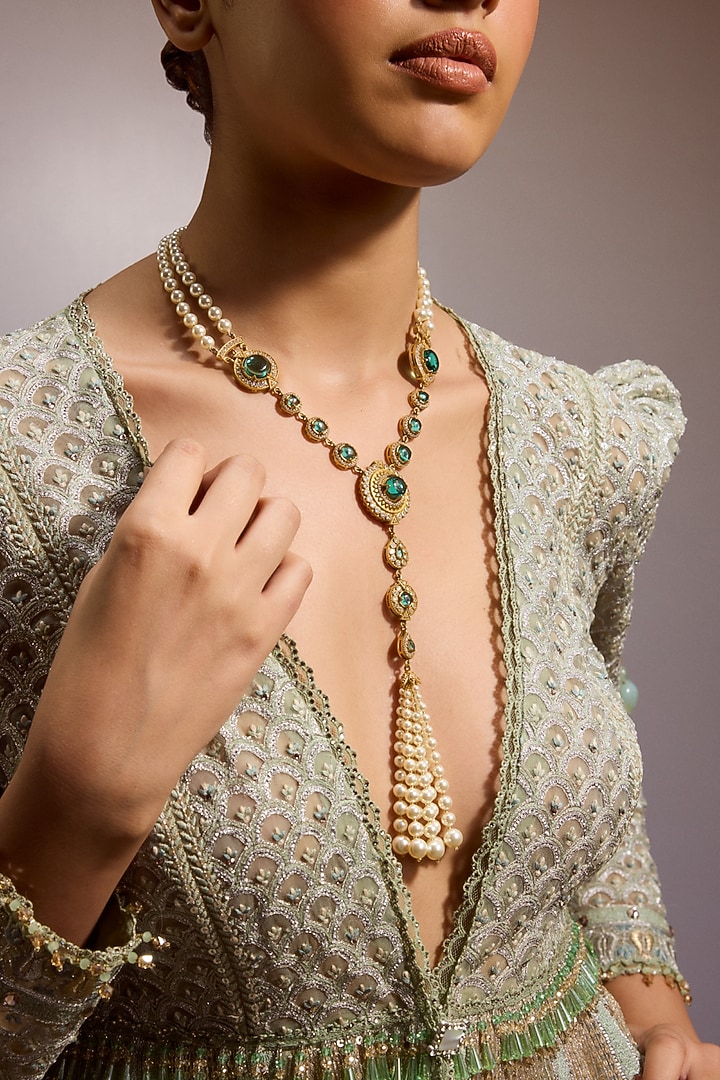 Gold Plated Emerald & Zircon Long Necklace In Sterling Silver by Tarun Tahiliani Jewellery at Pernia's Pop Up Shop