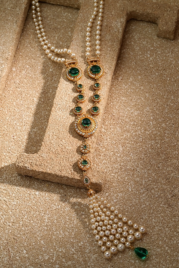 Gold Plated Emerald & Zircon Long Necklace In Sterling Silver by Tarun Tahiliani Jewellery at Pernia's Pop Up Shop