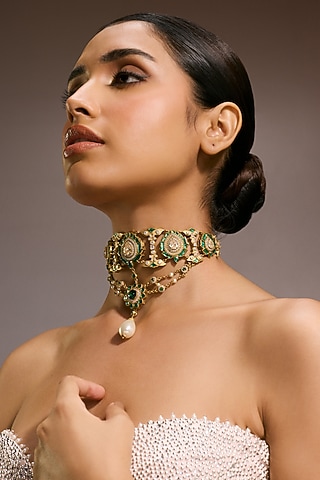 Gold Finish Emerald & Zircon Choker Necklace In Sterling Silver by Tarun Tahiliani Jewellery