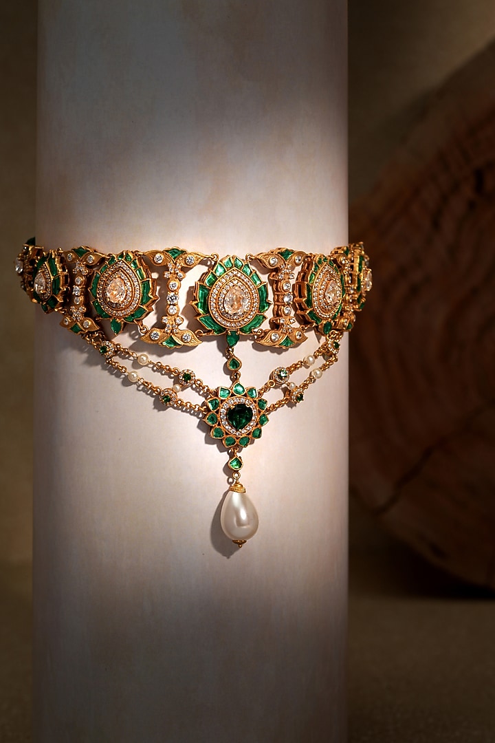 Gold Finish Emerald & Zircon Choker Necklace In Sterling Silver by Tarun Tahiliani Jewellery at Pernia's Pop Up Shop