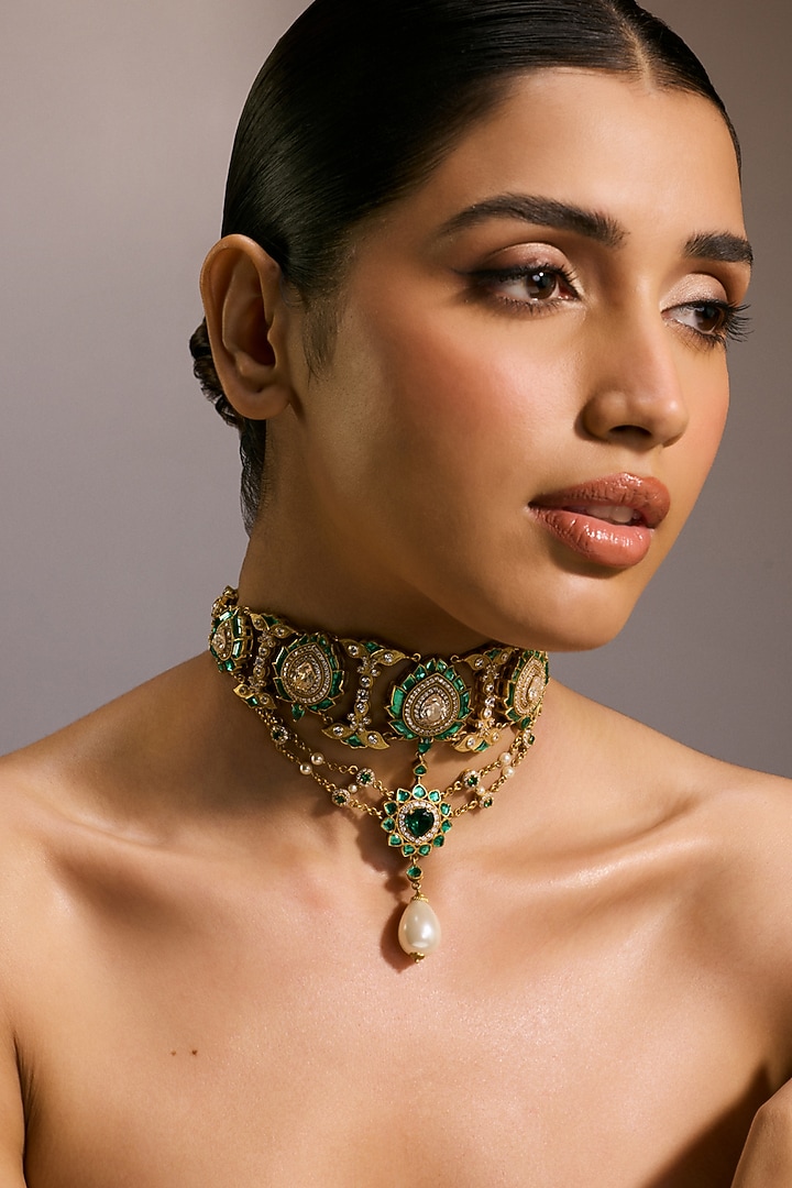 Gold Finish Emerald & Zircon Choker Necklace In Sterling Silver by Tarun Tahiliani Jewellery at Pernia's Pop Up Shop