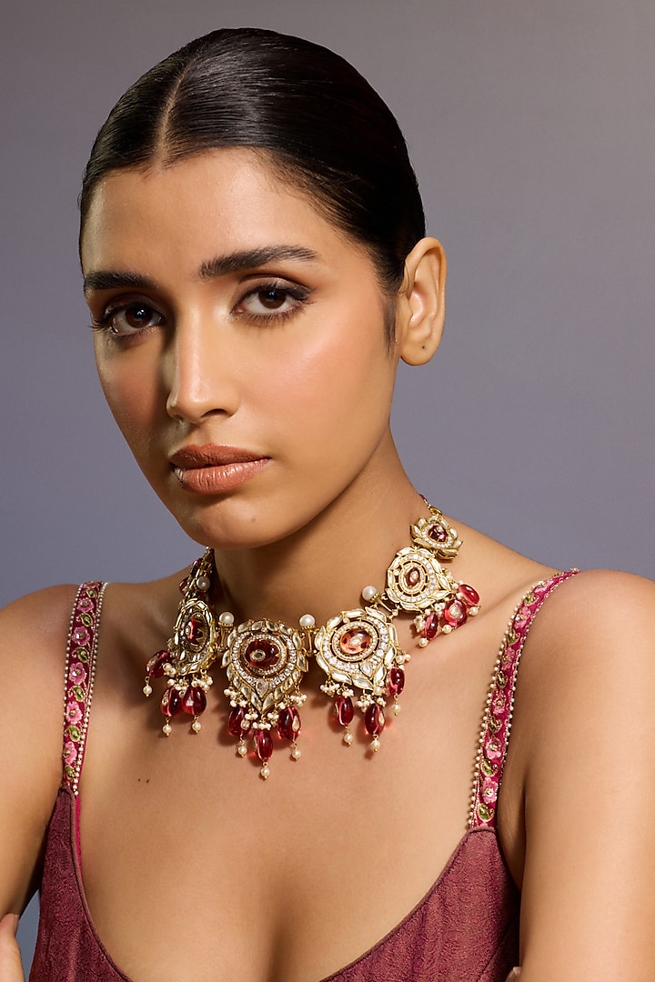 Gold Finish Cabochon Stone & Zircon Necklace In Sterling Silver by Tarun Tahiliani Accessories at Pernia's Pop Up Shop